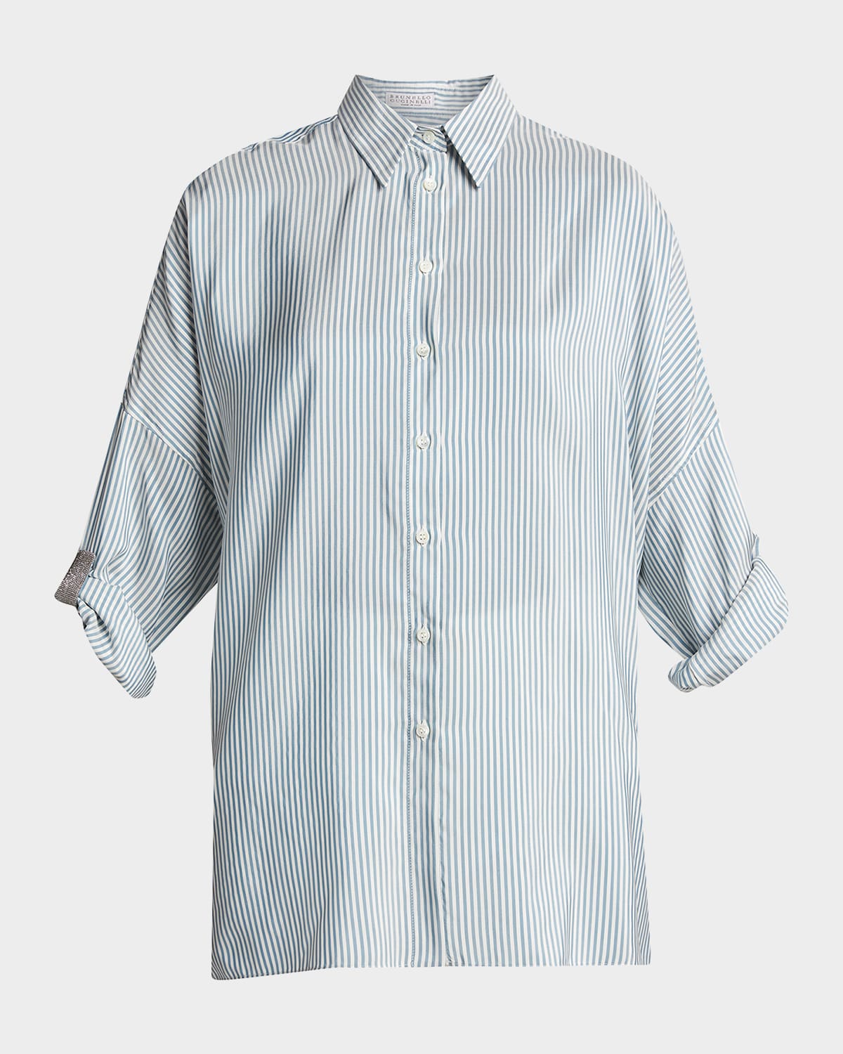 Brunello Cucinelli Striped Silk Boyfriend Shirt W/ Monili Trim In Blue