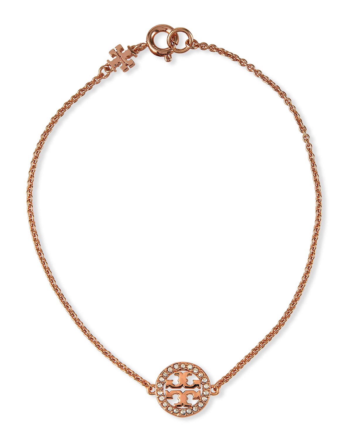 Shop Tory Burch Pave Logo Miller Chain Bracelet In Rose Gold Crystal