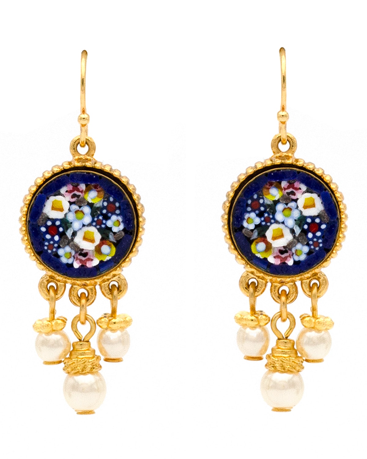 24k Gold-Plated Triple Pearl Pendant Earrings