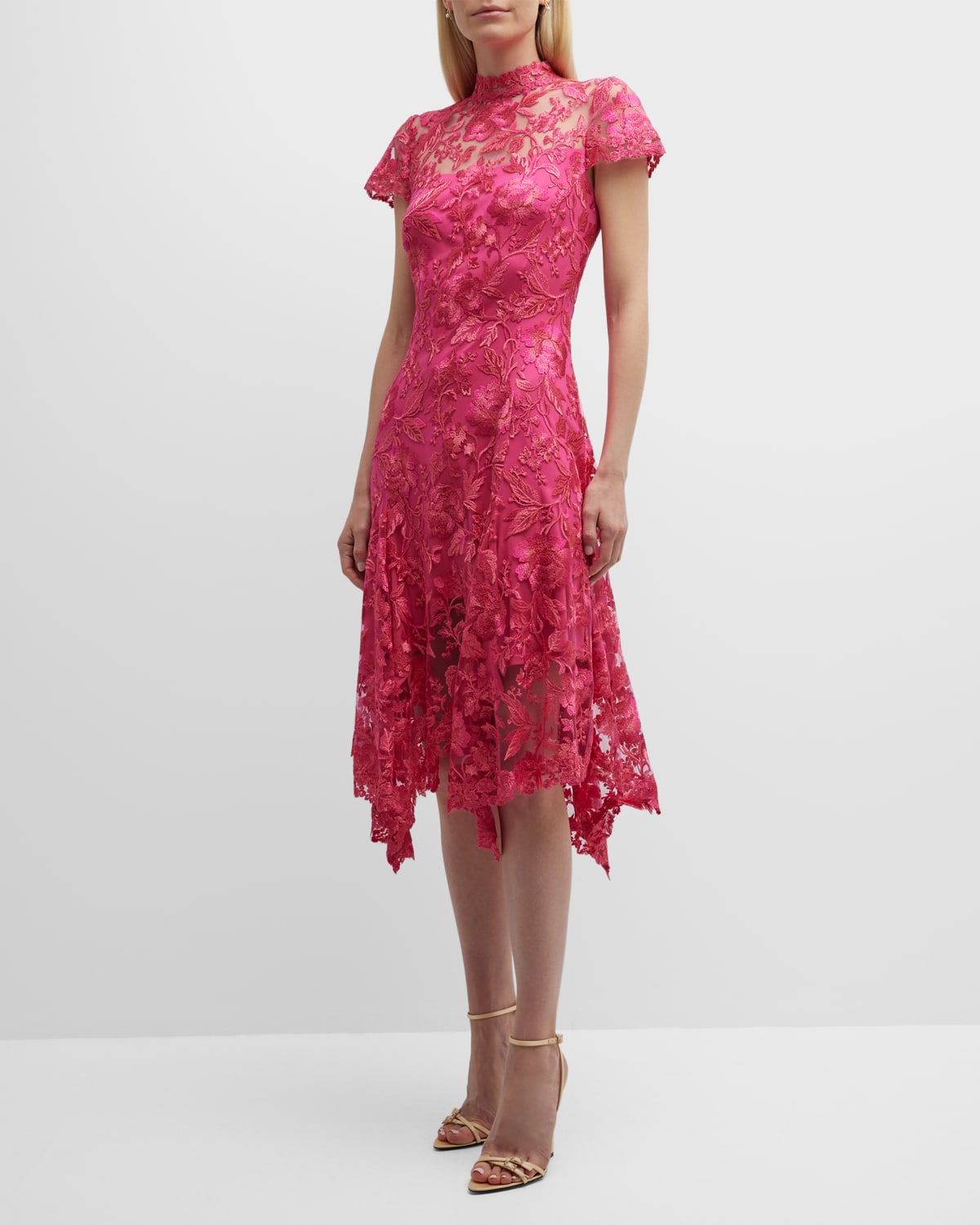 Tadashi Shoji Floral Embroidered Cap-sleeve Handkerchief Dress In Dahlia |  ModeSens
