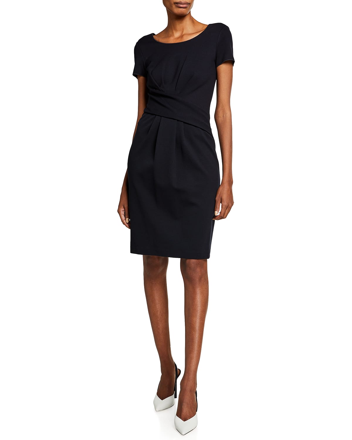 Shop Emporio Armani Cap-sleeve Gathered Waist Milano Jersey Dress In Navy