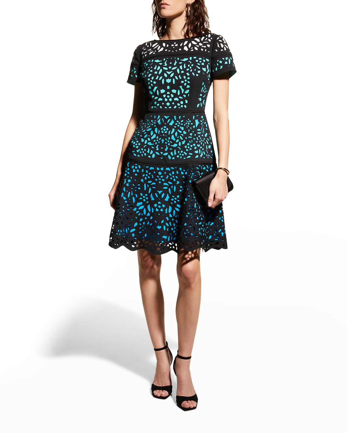 Shani Laser-cut Colorblocked Crepe Dress In Black Red
