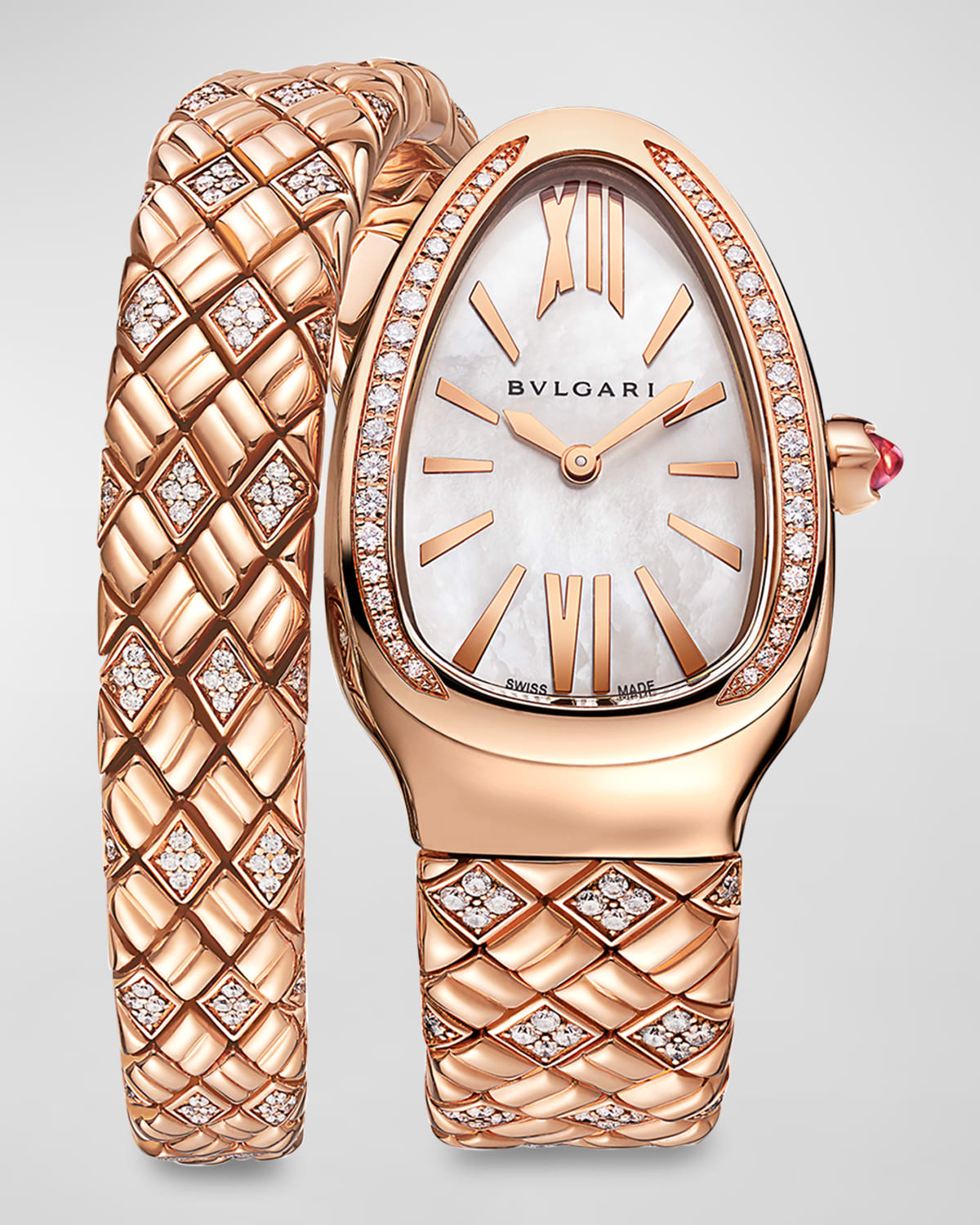BVLGARI Serpenti Spiga 18k Rose Gold Diamond 1-Twirl Watch with Mother-of-Pearl Dial