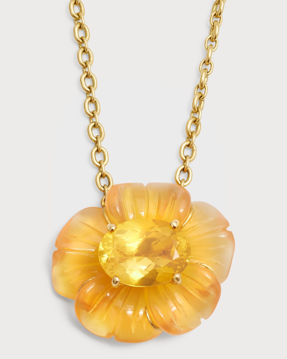 Carved Fire Opal Flower Necklace in Yellow Gold