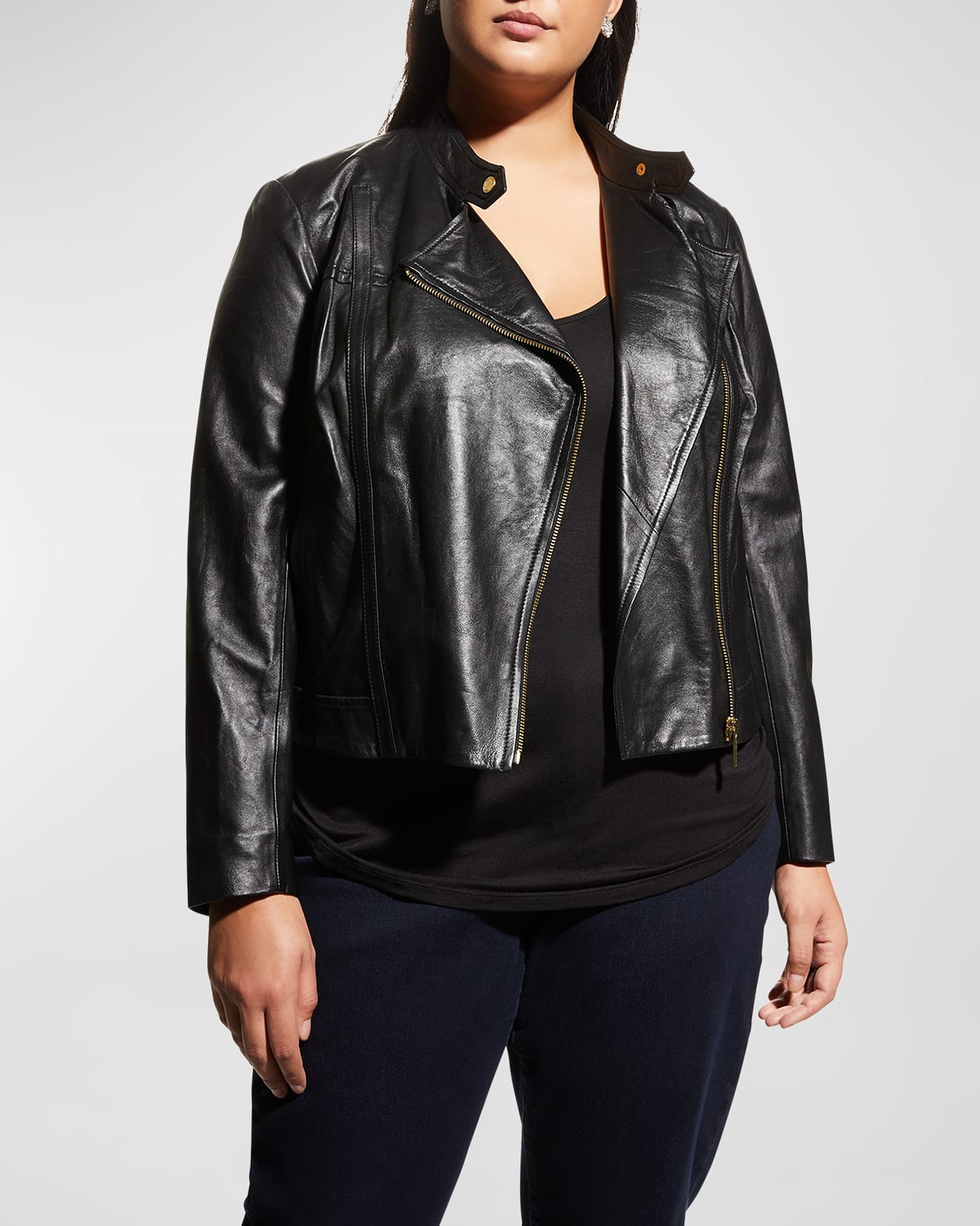 Michael Michael Kors Plus Size Leather Moto Jacket In Black/gold | ModeSens