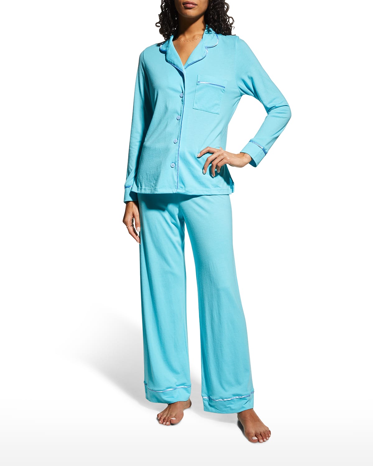 Cosabella Petite Long-sleeve Button-down Pajama Set In Turchesablue Vene