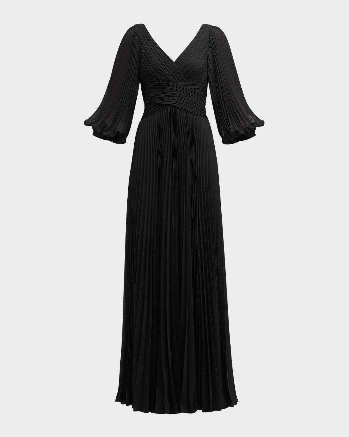 V-Neck Puff-Sleeve Pleated Chiffon Gown