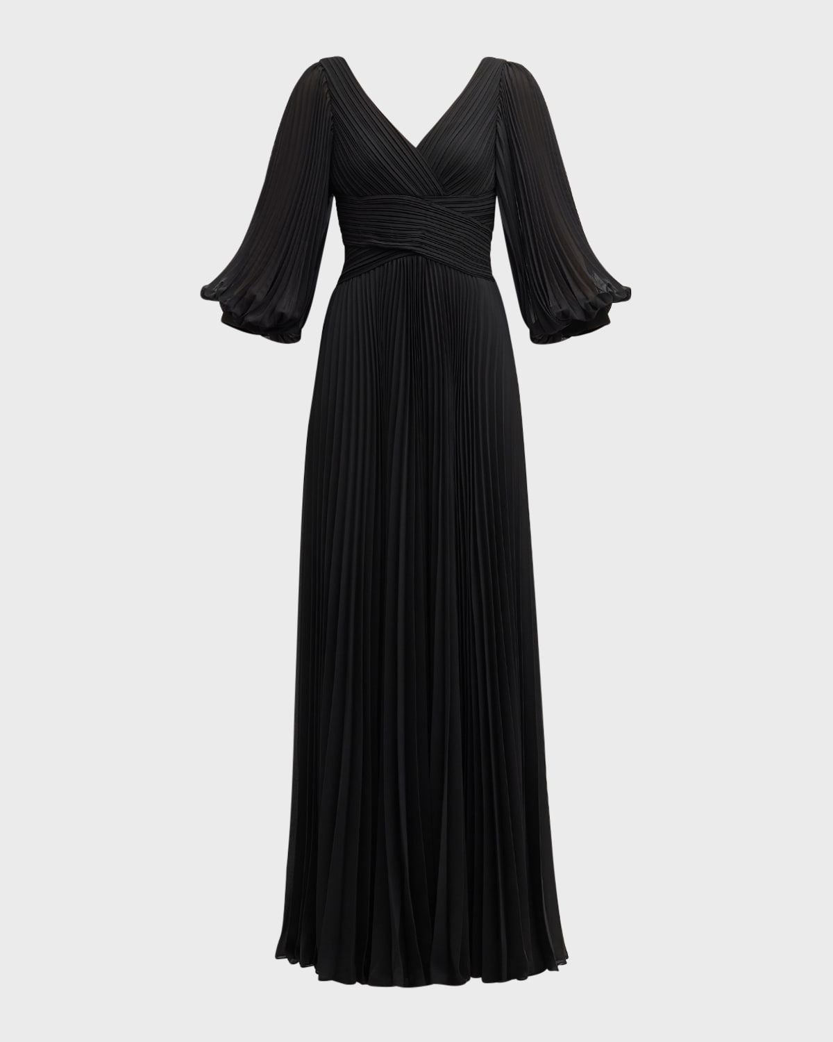 Rickie Freeman For Teri Jon V-neck Puff-sleeve Pleated Chiffon Gown In Black