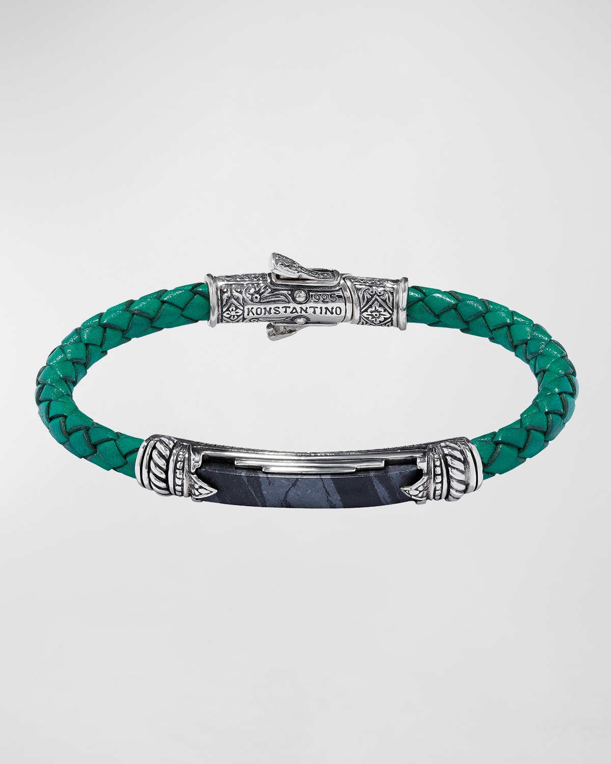 Konstantino Men's Braided Leather Stone Bracelet W/ Sterling Silver In Green