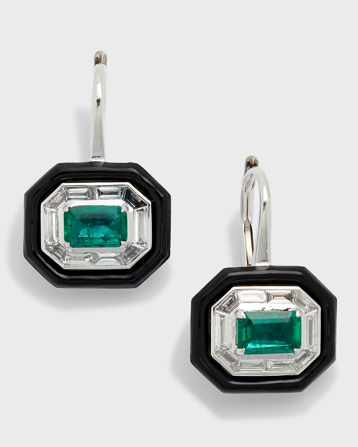 18K White Gold Oui Earrings with Black Enamel, White Diamonds and Emeralds
