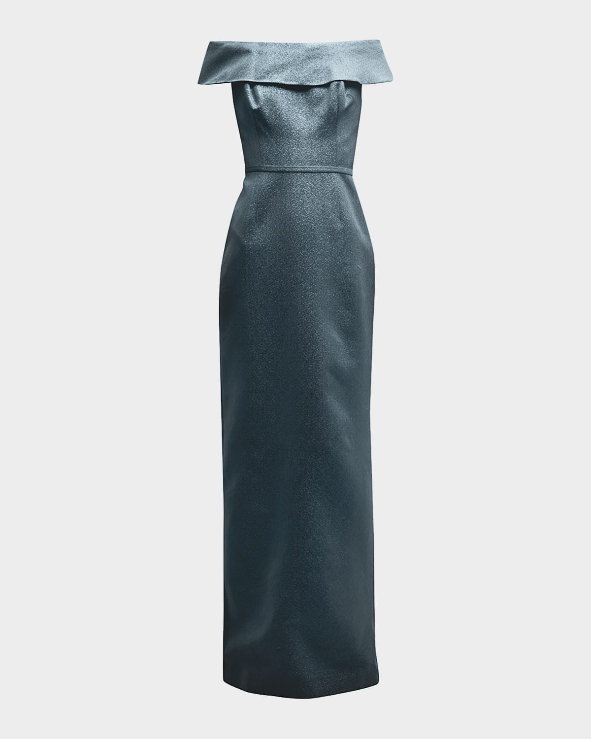 Rickie Freeman For Teri Jon Off-shoulder Metallic Column Gown In Blue Smoke