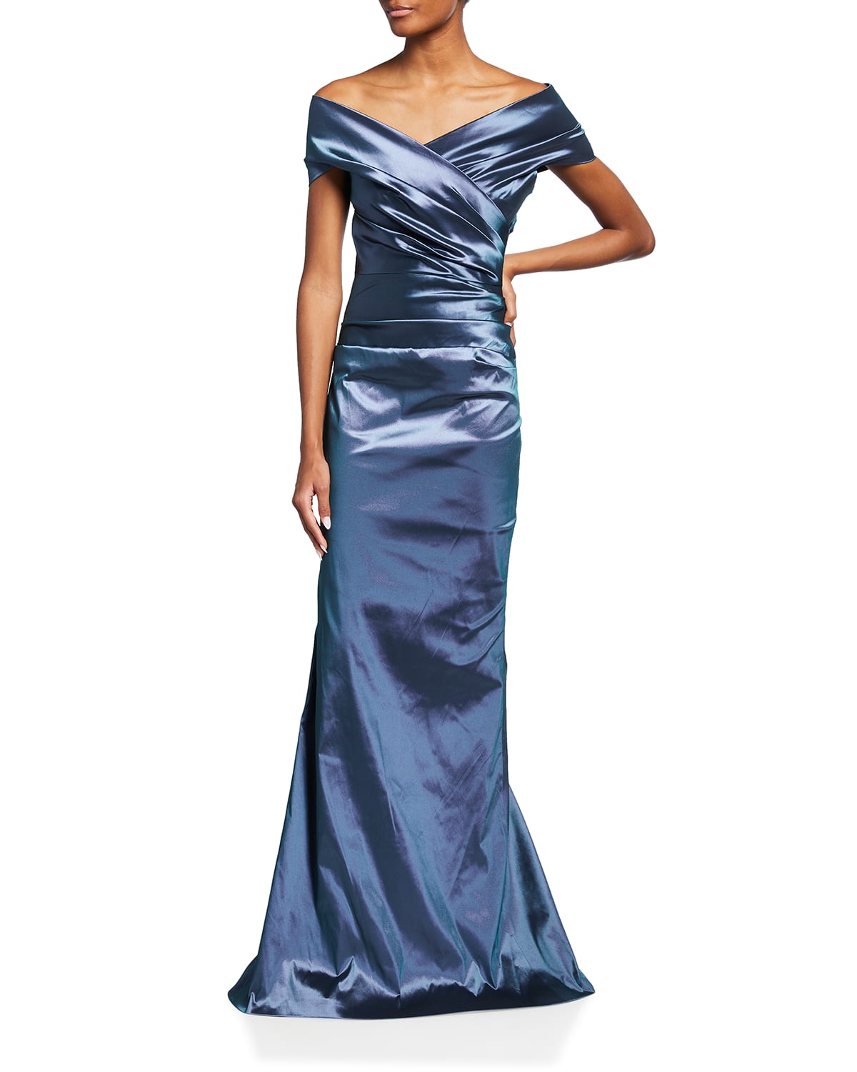 Rickie Freeman For Teri Jon Off-shoulder Ruched Taffeta Gown In Sapphire