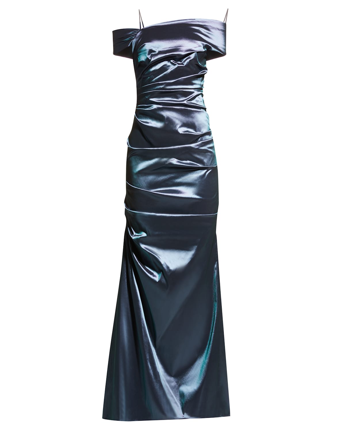 Rickie Freeman For Teri Jon Off-shoulder Ruched Taffeta Gown In Sapphire