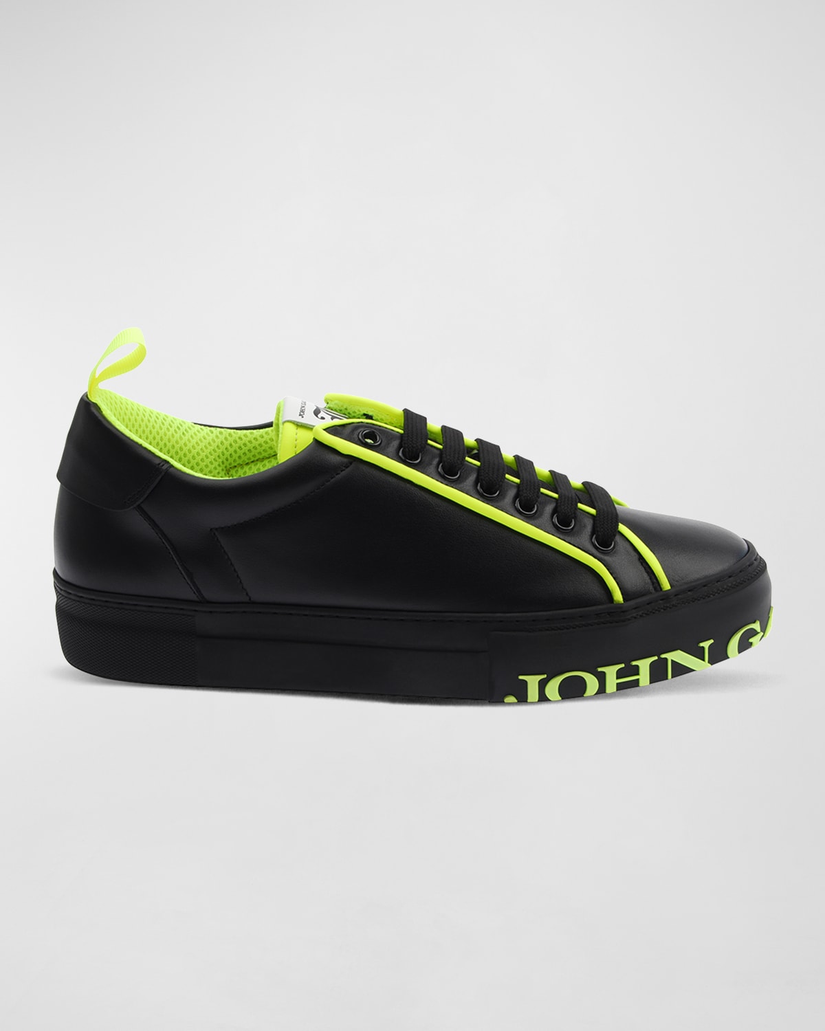 John Galliano Paris Men's Neon Logo Leather Low-Top Sneakers, Black
