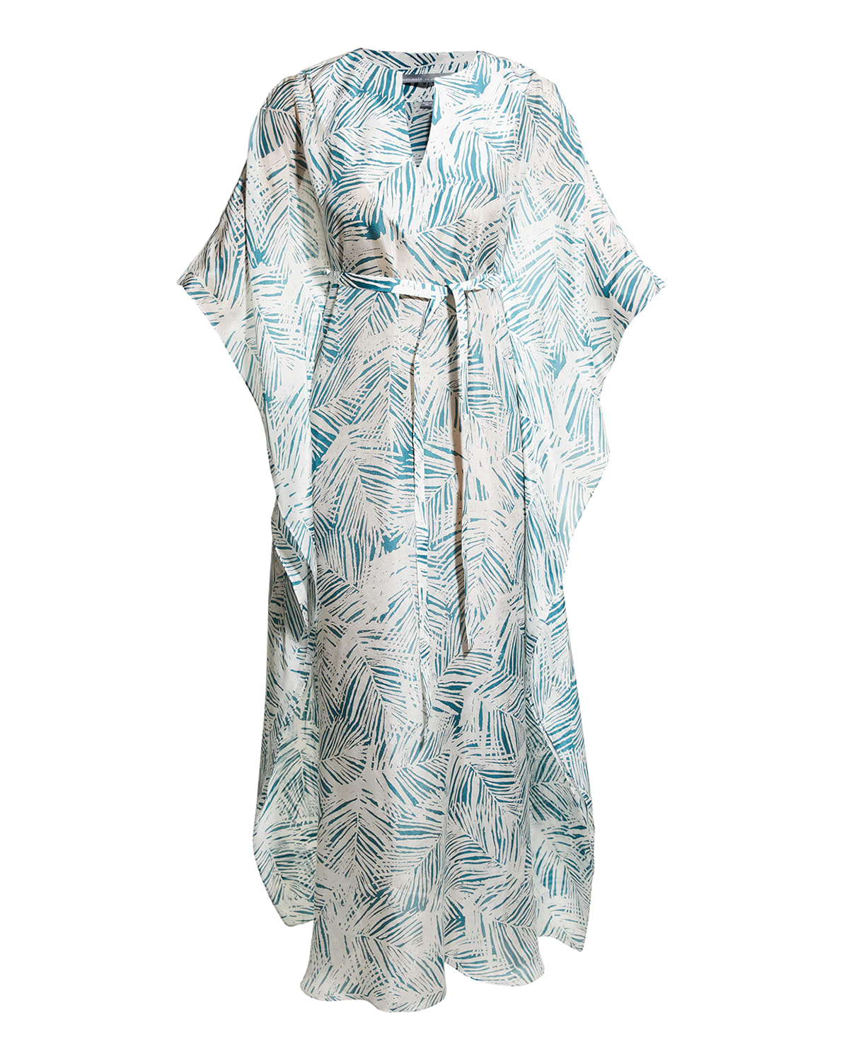 Ocean + Main Fern-print Belted Silk Caftan In Teal