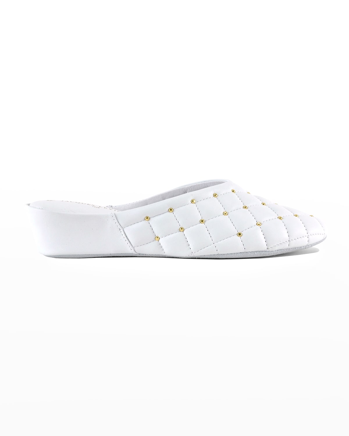 Jacques Levine Quilted Leather Stud Wedge Slipper In White