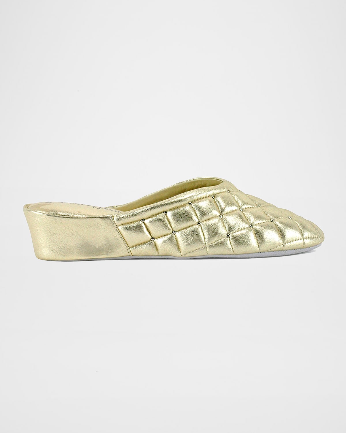 Jacques Levine Quilted Leather Studded Slippers In Gold/silver