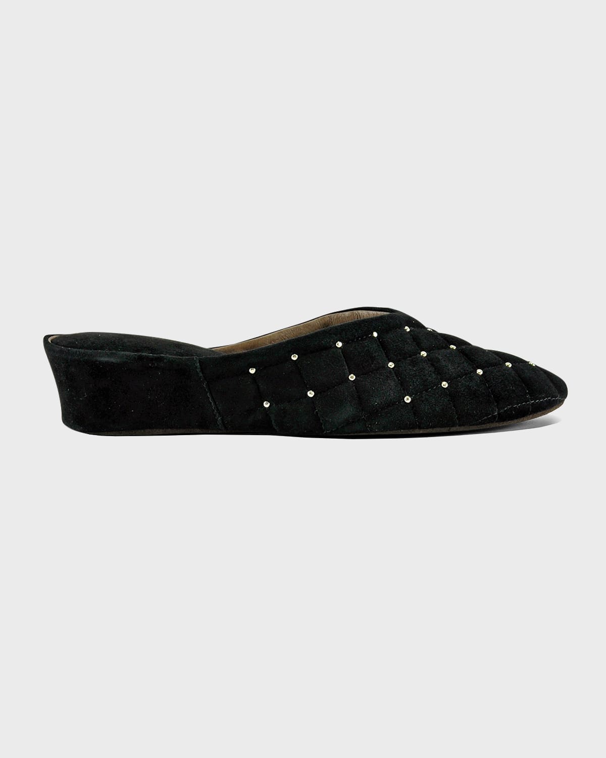 Jacques Levine Quilted Suede Studded Wedge Slippers