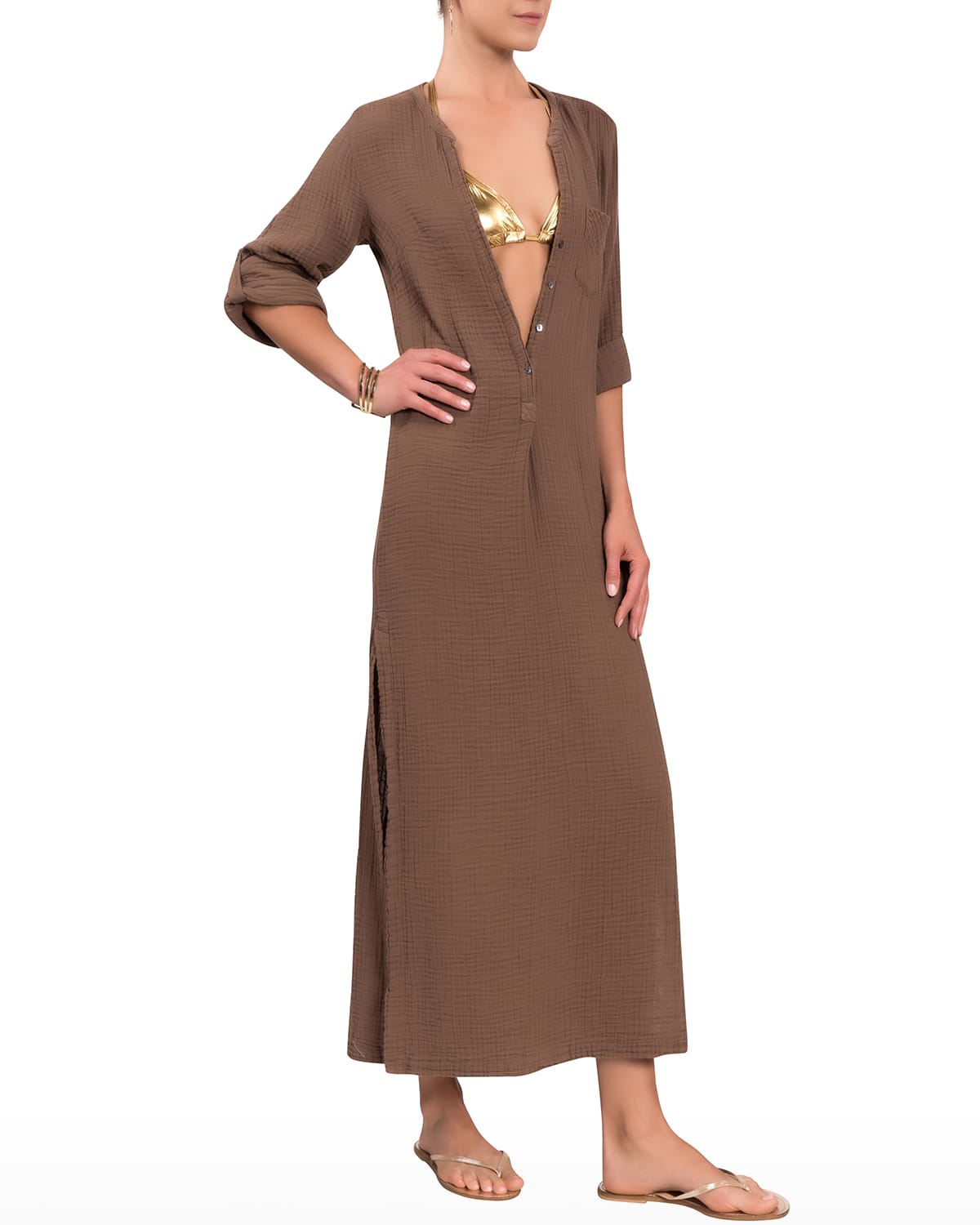 Everyday Ritual Tracy Gauze Cotton Henley Caftan In Mojave