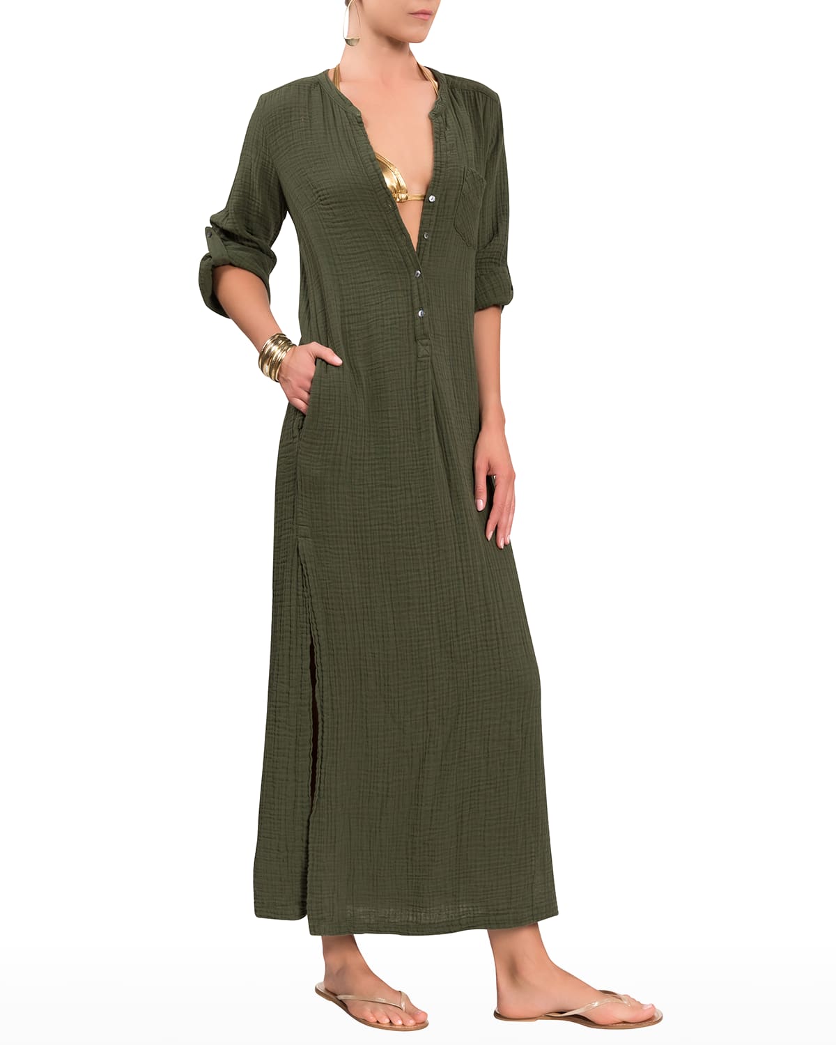 Everyday Ritual Tracy Gauze Cotton Henley Caftan In Olive