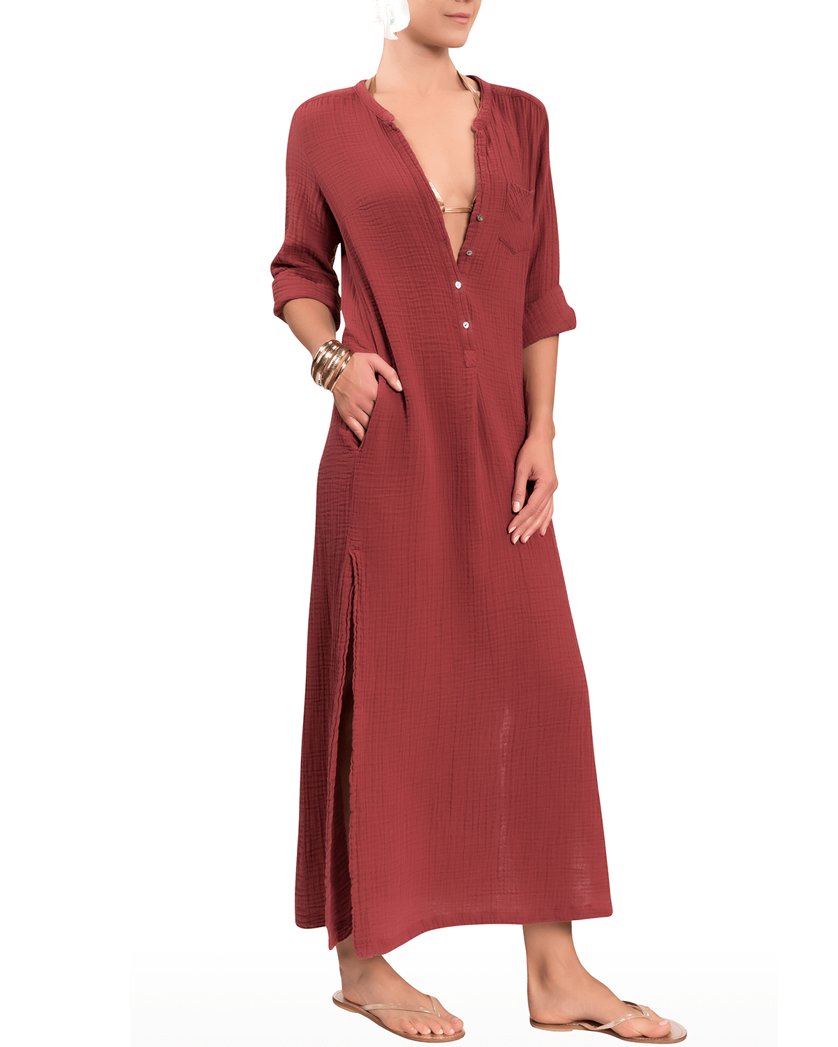 Everyday Ritual Tracy Gauze Cotton Henley Caftan In Pomegranate