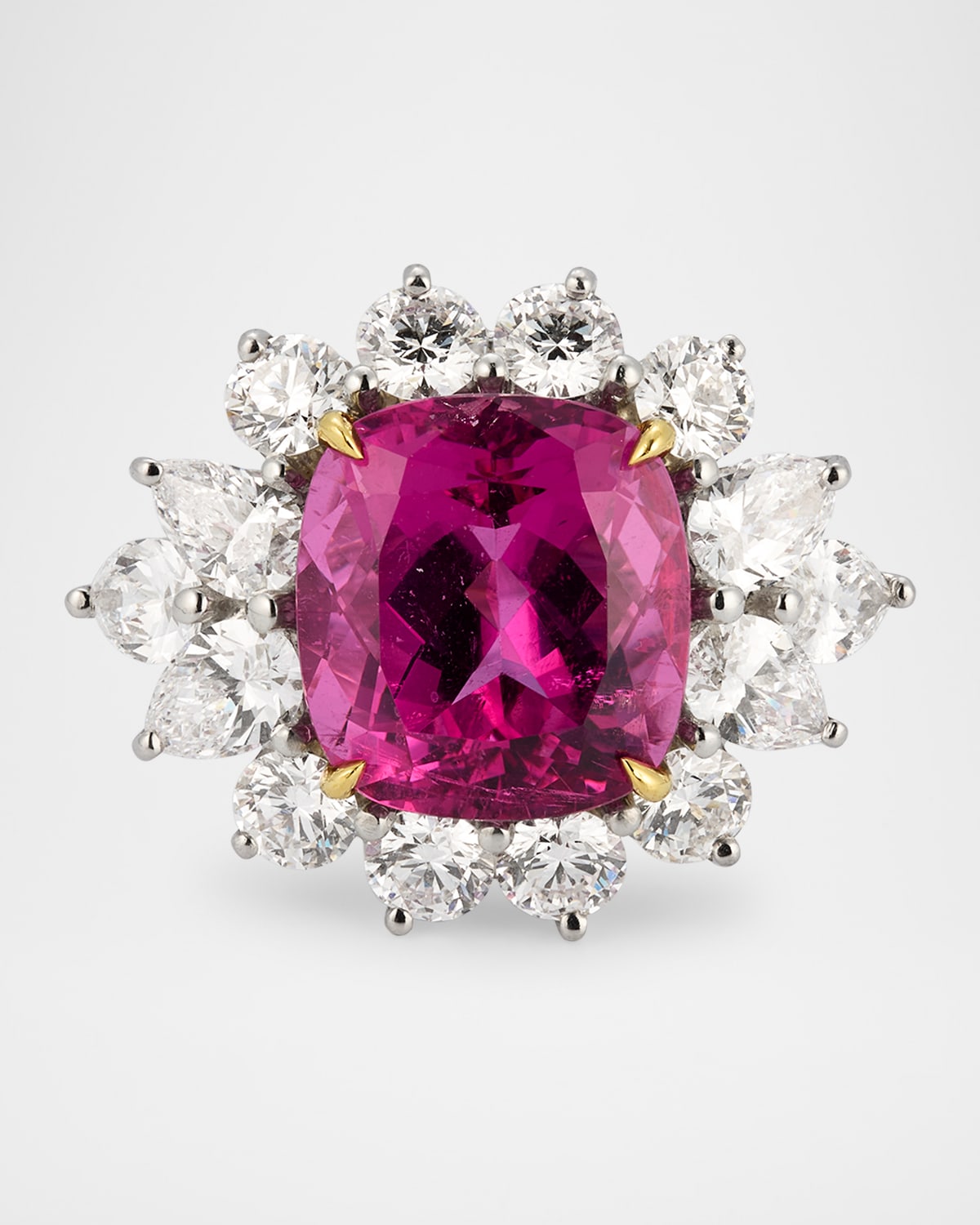 Platinum Cushion Pink Tourmaline and Diamond Cluster Ring, Size 6