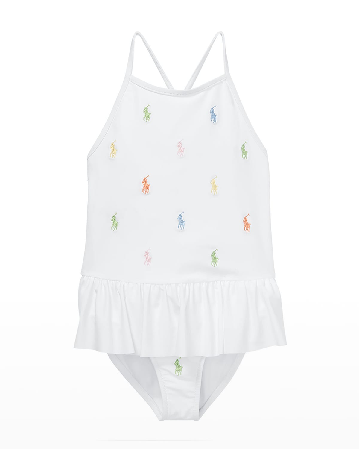 Ralph Lauren Kids' Girl's Multicolor Logo Embroidered One-piece Swimsuit In White