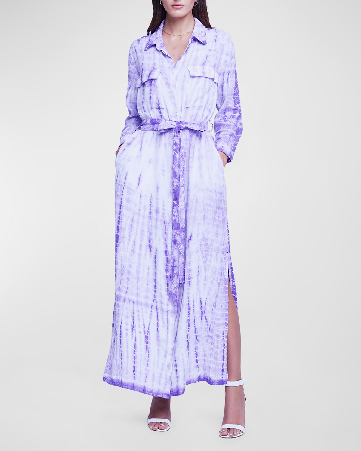 L Agence Cameron Linen Long Shirtdress In Orchid Bamboo