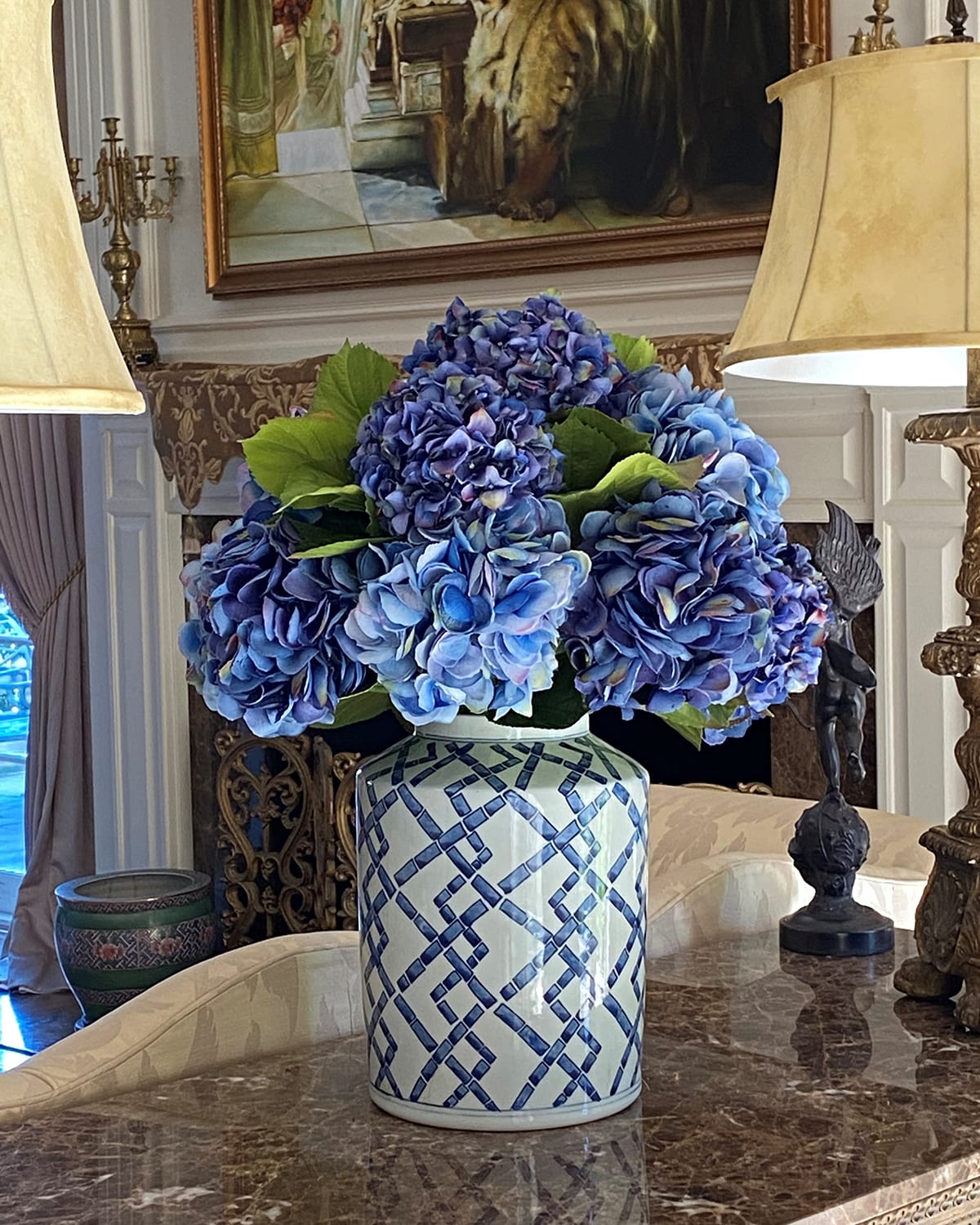 Shop Winward Home Hydrangea Faux Floral Arrangement In Jar In Blue/white