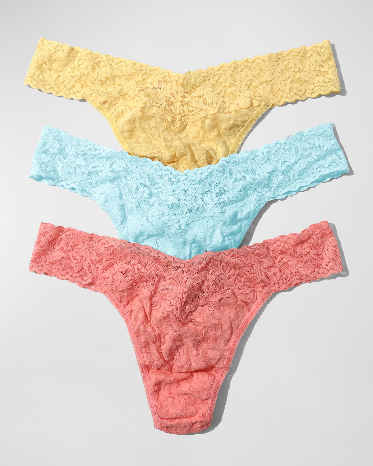 Shop Hanky Panky 3-pack Original-rise Multicolor Lace Thongs In Buttercup, Celeste Blue, Ballet Pink