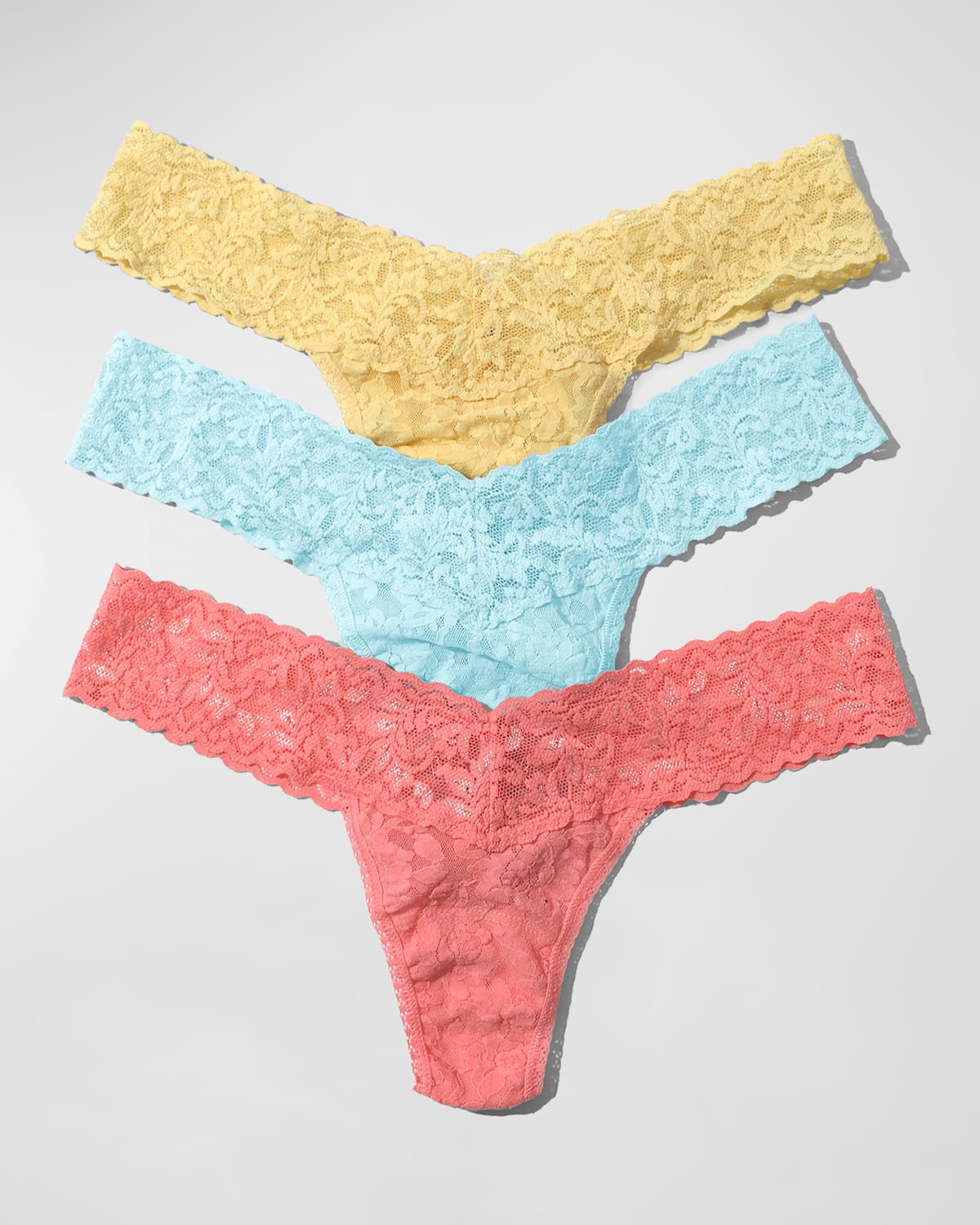 Shop Hanky Panky 3-pack Low-rise Multicolor Lace Thongs In Buttercup, Celeste Blue, Ballet Pink