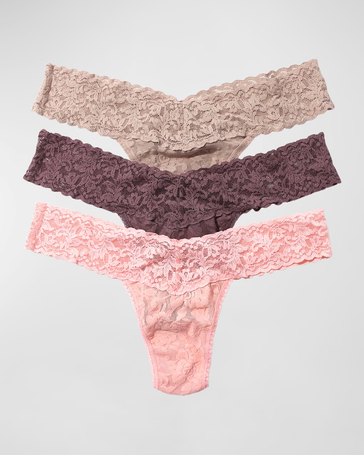 Hanky Panky 3-pack Low-rise Multicolor Lace Thongs In Taupe, Dusk, Rose