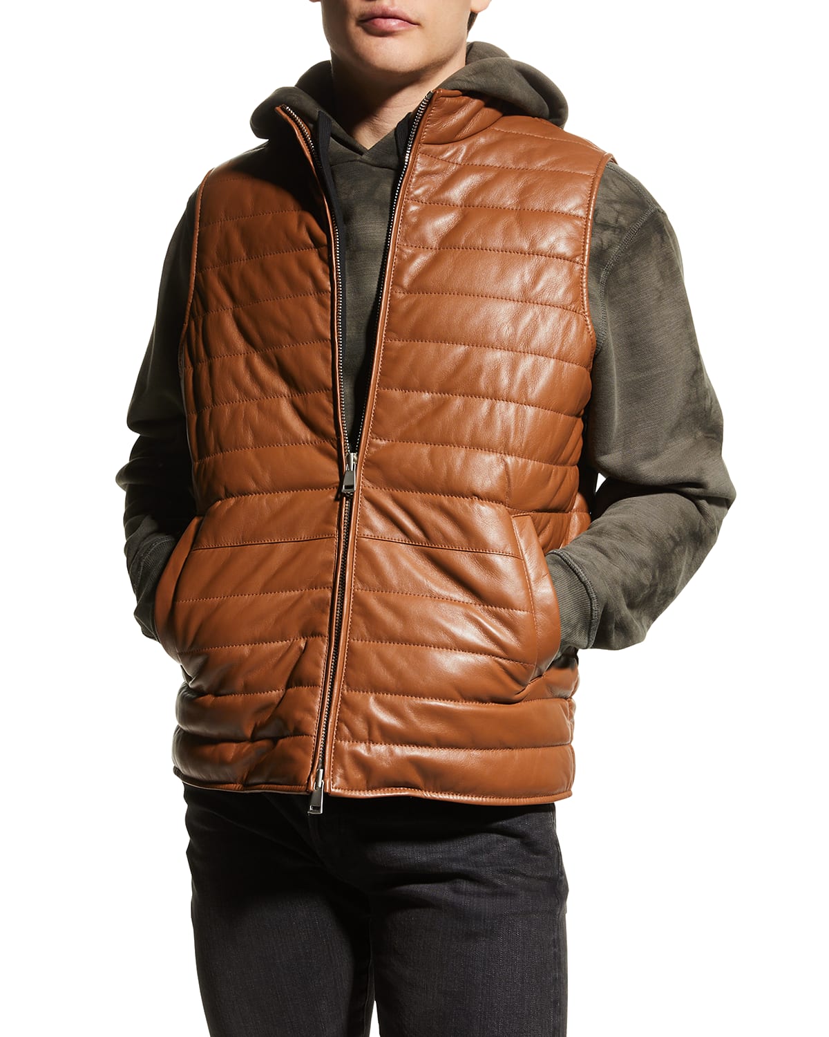 Neiman Marcus Men's Horizontal Quilted Leather Vest In Cognac