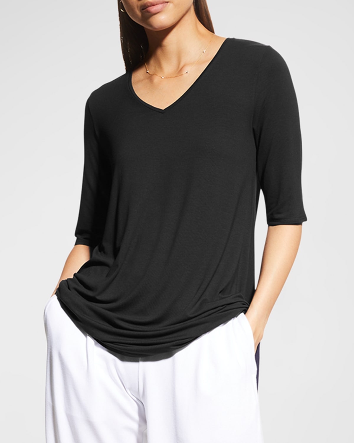 Eileen Fisher V-neck Elbow-sleeve Viscose Jersey Tunic In Black