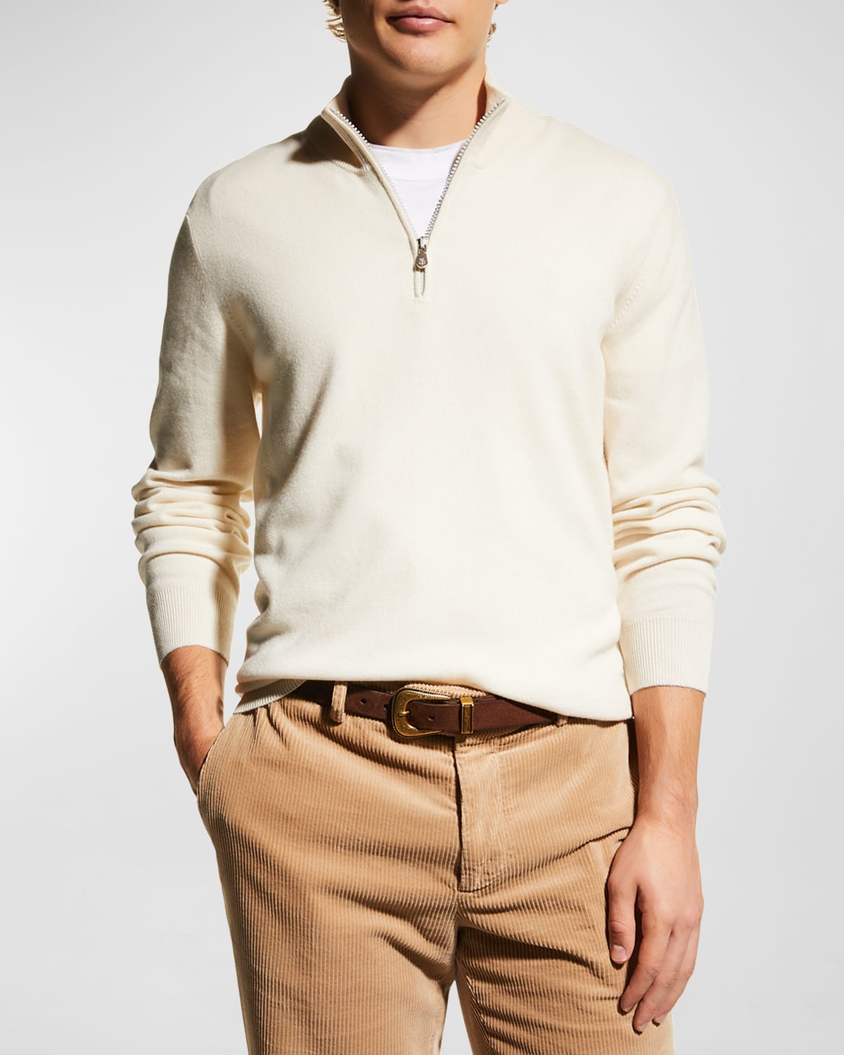 Brunello Cucinelli Men's Cashmere Quarter Zip Sweater In Ivory