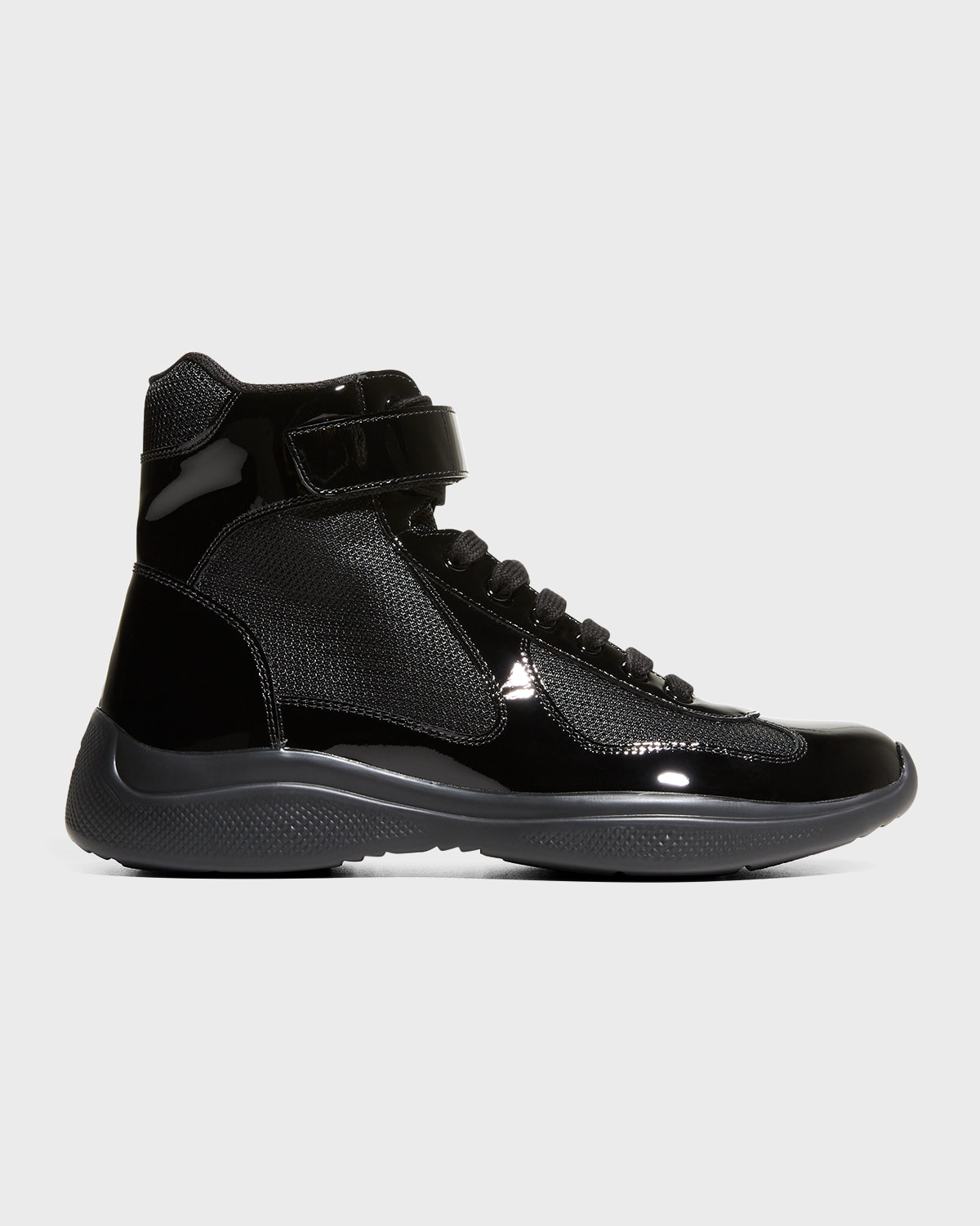Shop Prada Men's America's Cup Patent Leather High-top Sneakers In Biancoarg