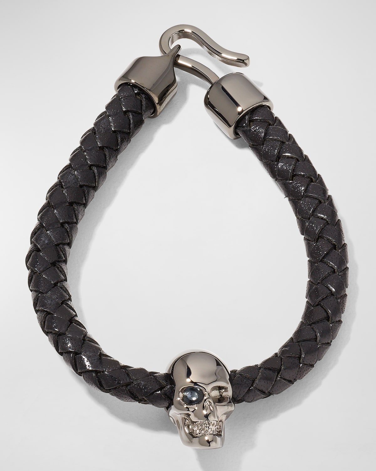 Alexander Mcqueen Men's Braided Leather Skull Bracelet In Silver