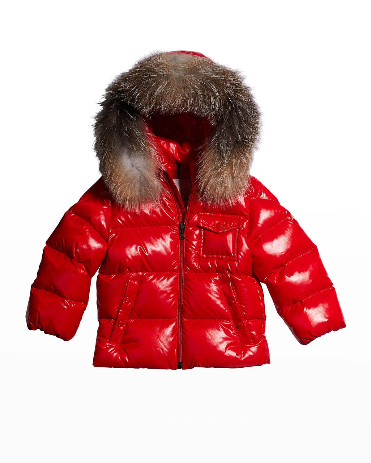 Moncler Kids' Girl's Fur Hooded Quilted Jacket In Red