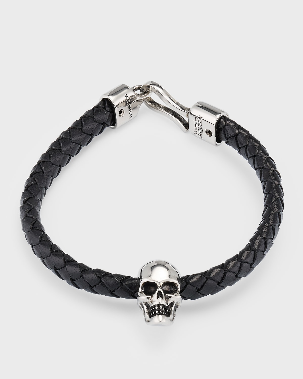 Shop Alexander Mcqueen Men's Braided Leather Skull Bracelet In Black