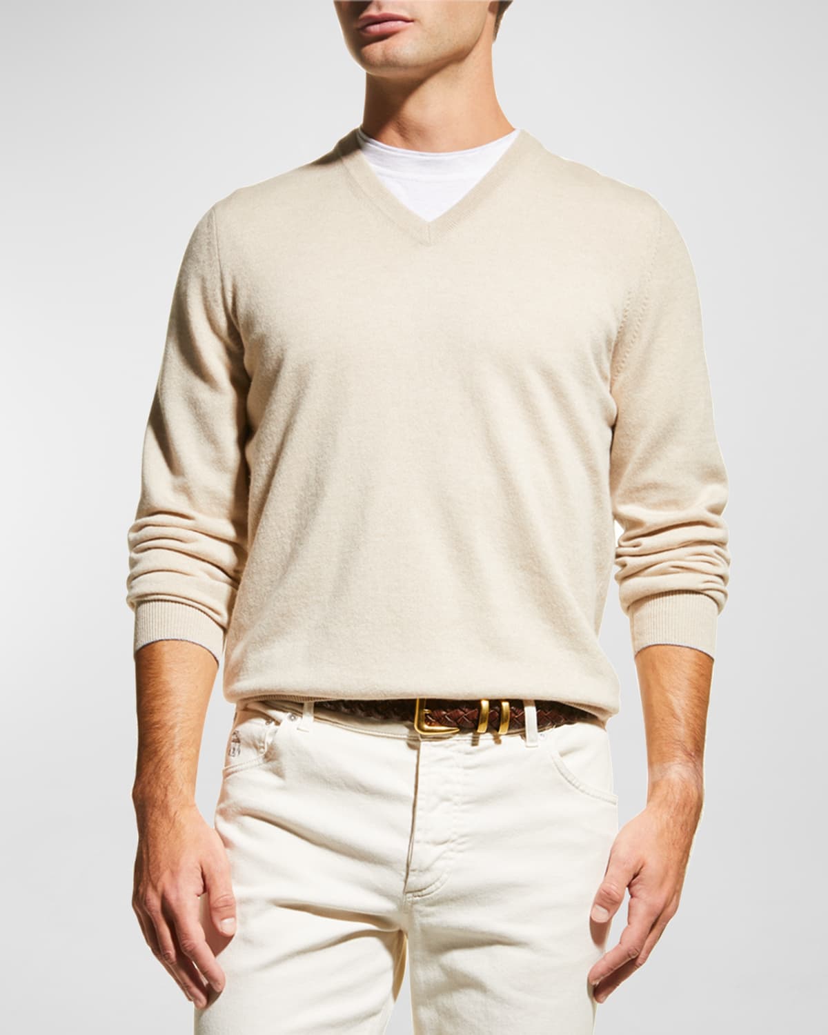 Brunello Cucinelli Men's Cashmere V-neck Sweater In Sand