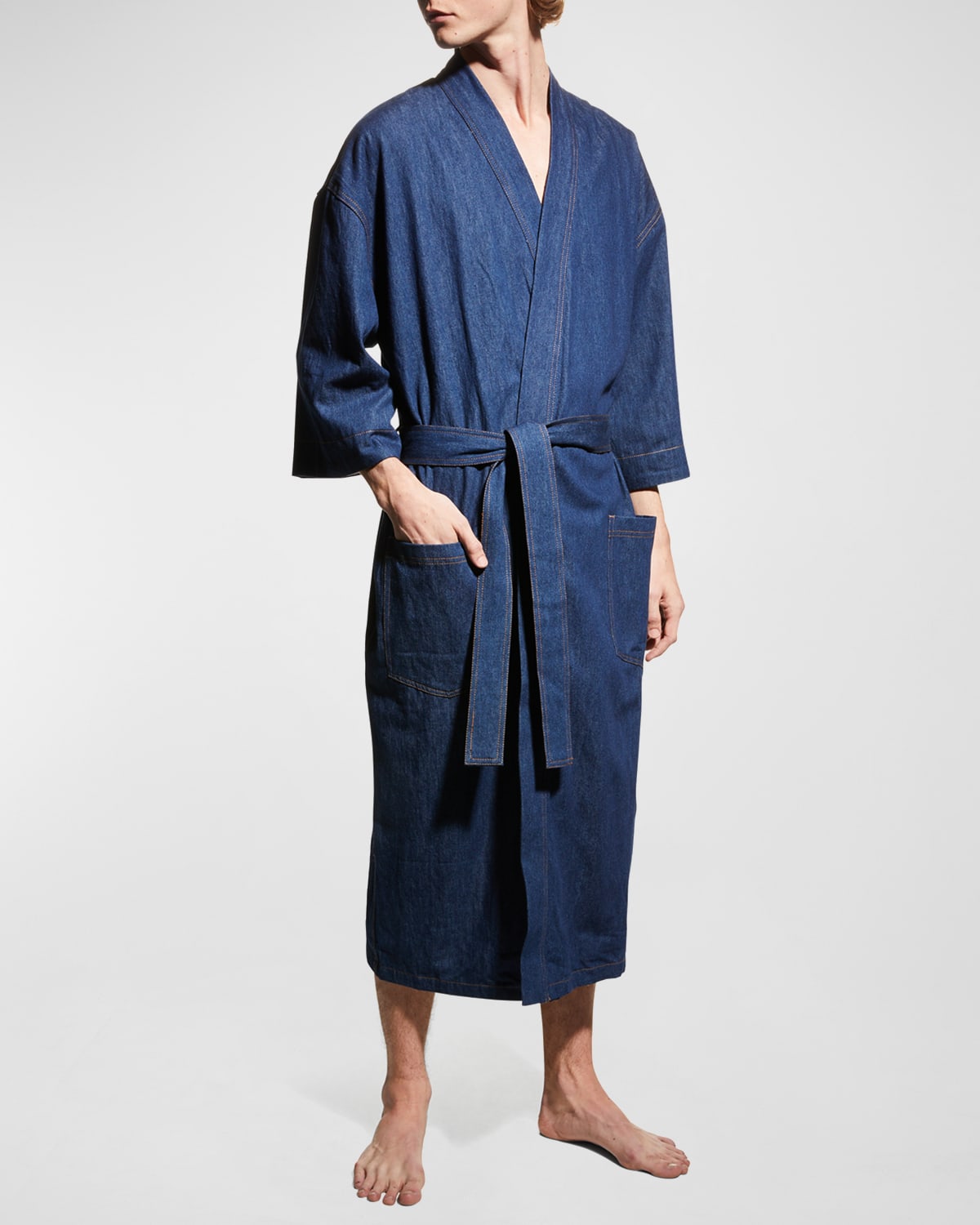 Majestic International Men's Jasper Terry-Lined Denim Kimono Robe