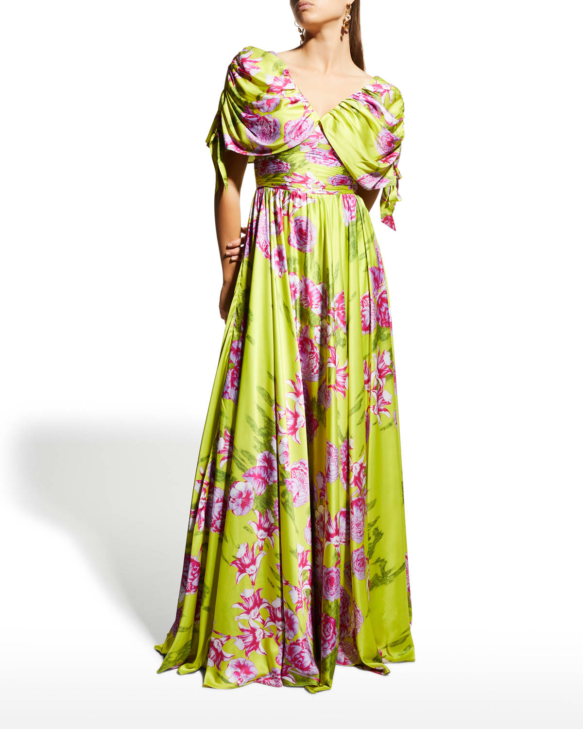 Jovani Floral-Print Ruched Drape-Sleeve A-Line Gown
