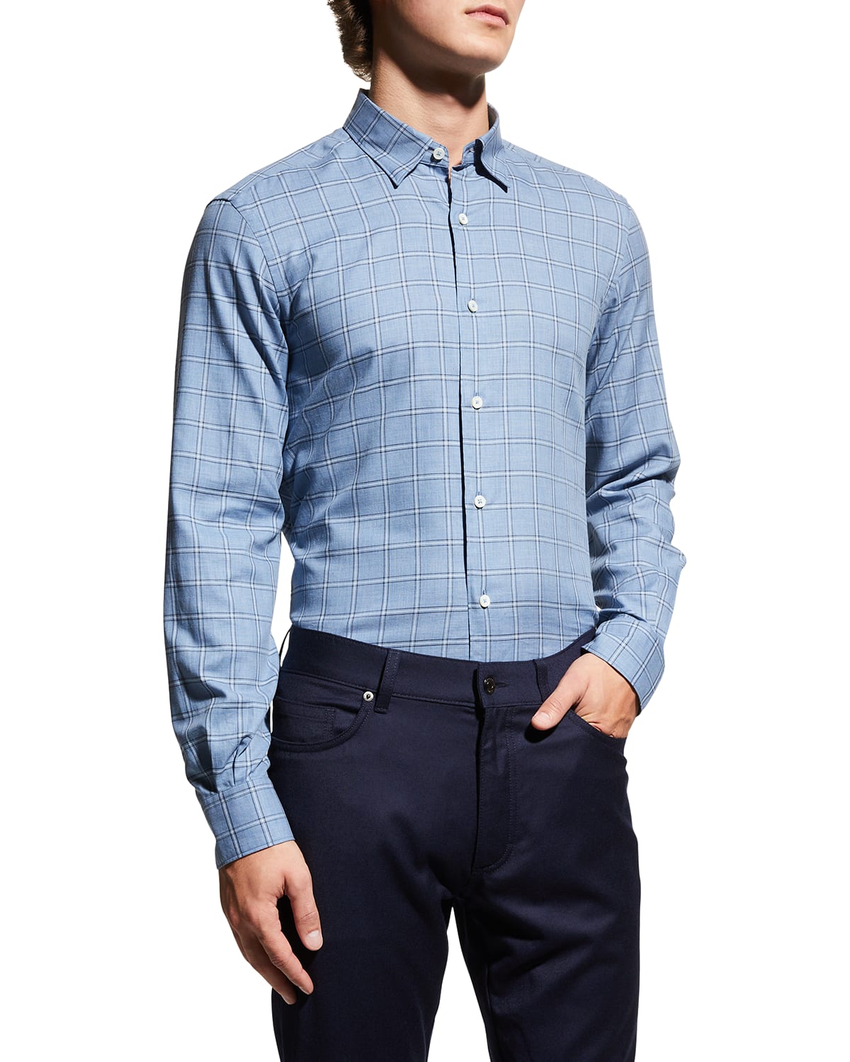 Zegna Men's Windowpane Sport Shirt In Bright Blue Chk