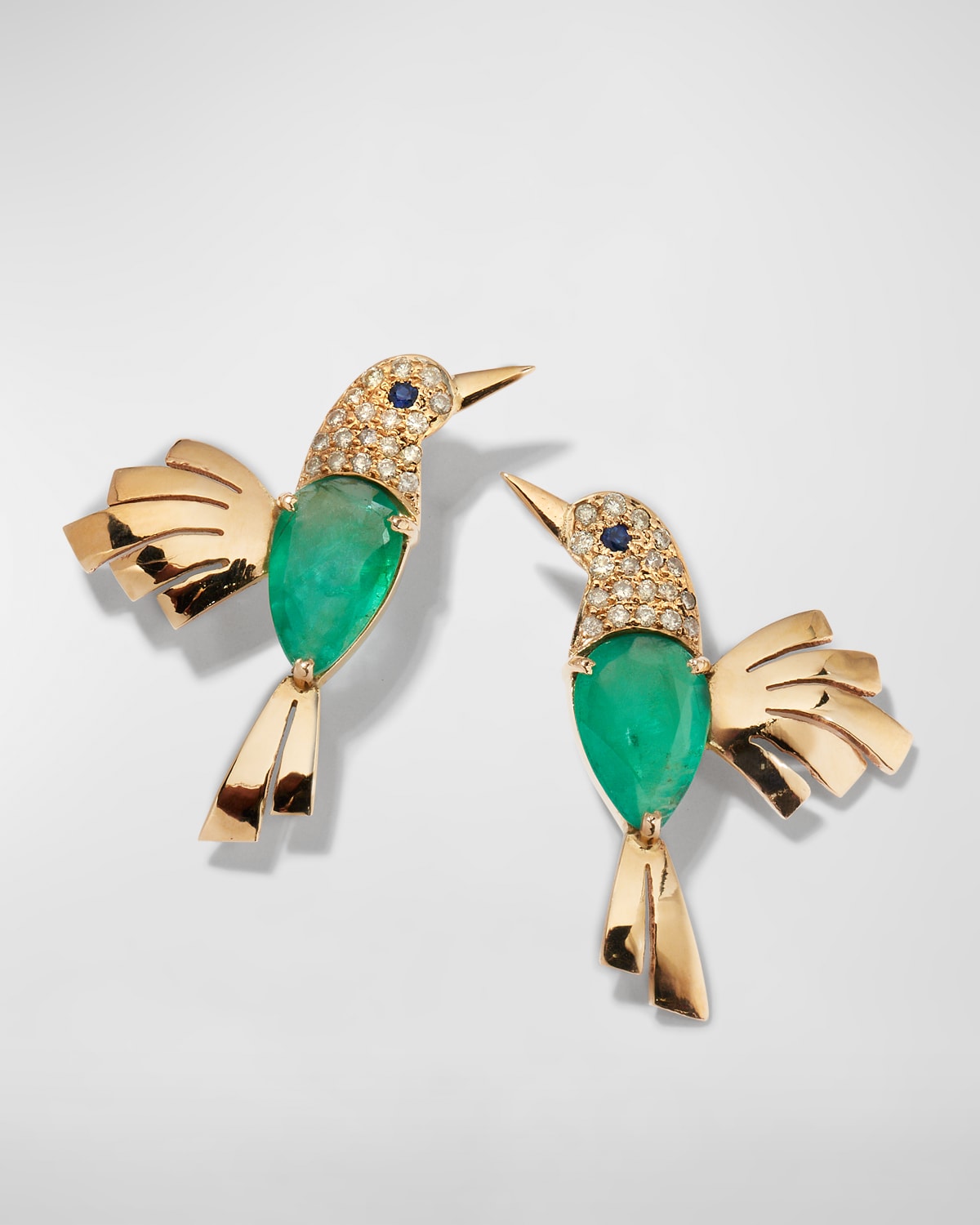 14K Yellow Gold Emerald and Diamond Bird Stud Earrings