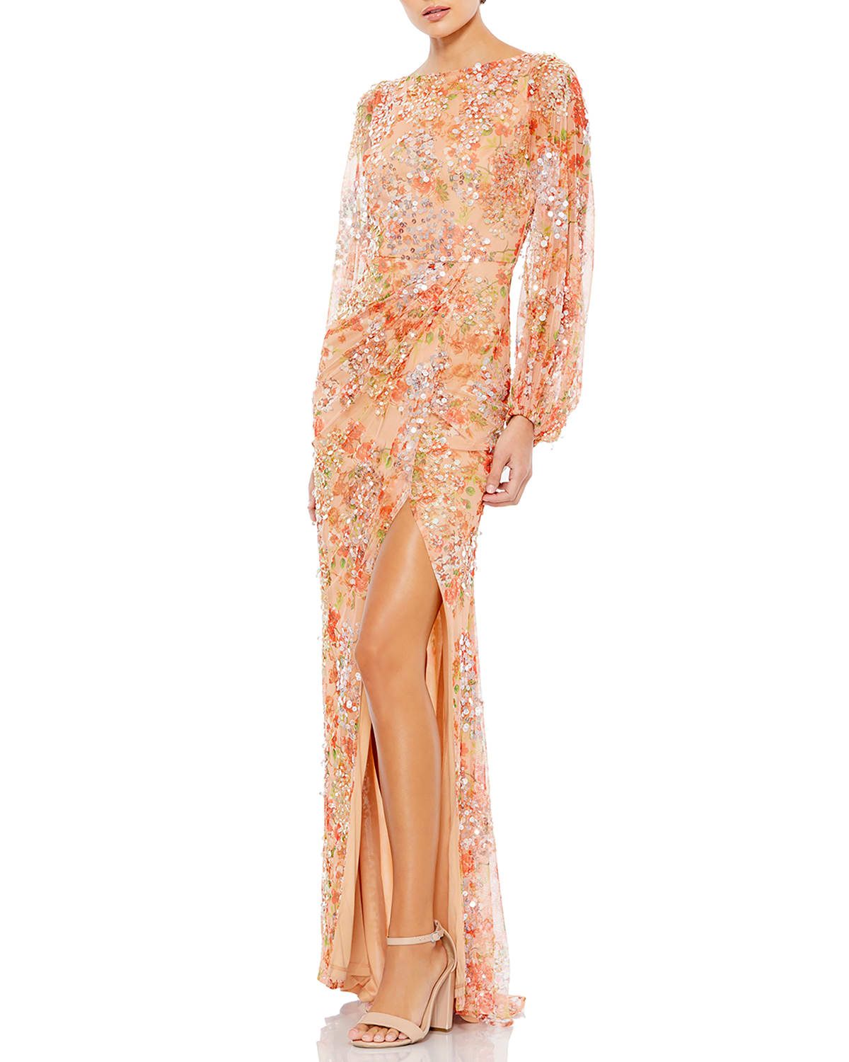 Mac Duggal Sequin Floral-Print Long-Sleeve Column Gown