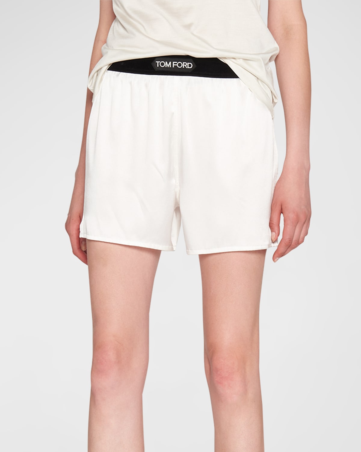 Tom Ford Logo Silk Satin Mini Shorts In White