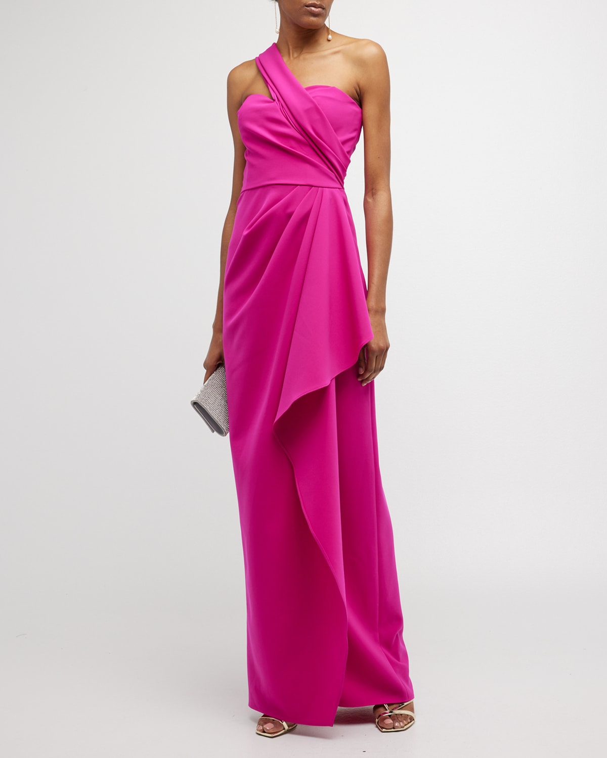 Rickie Freeman For Teri Jon One-shoulder Draped Stretch Crepe Gown In Red