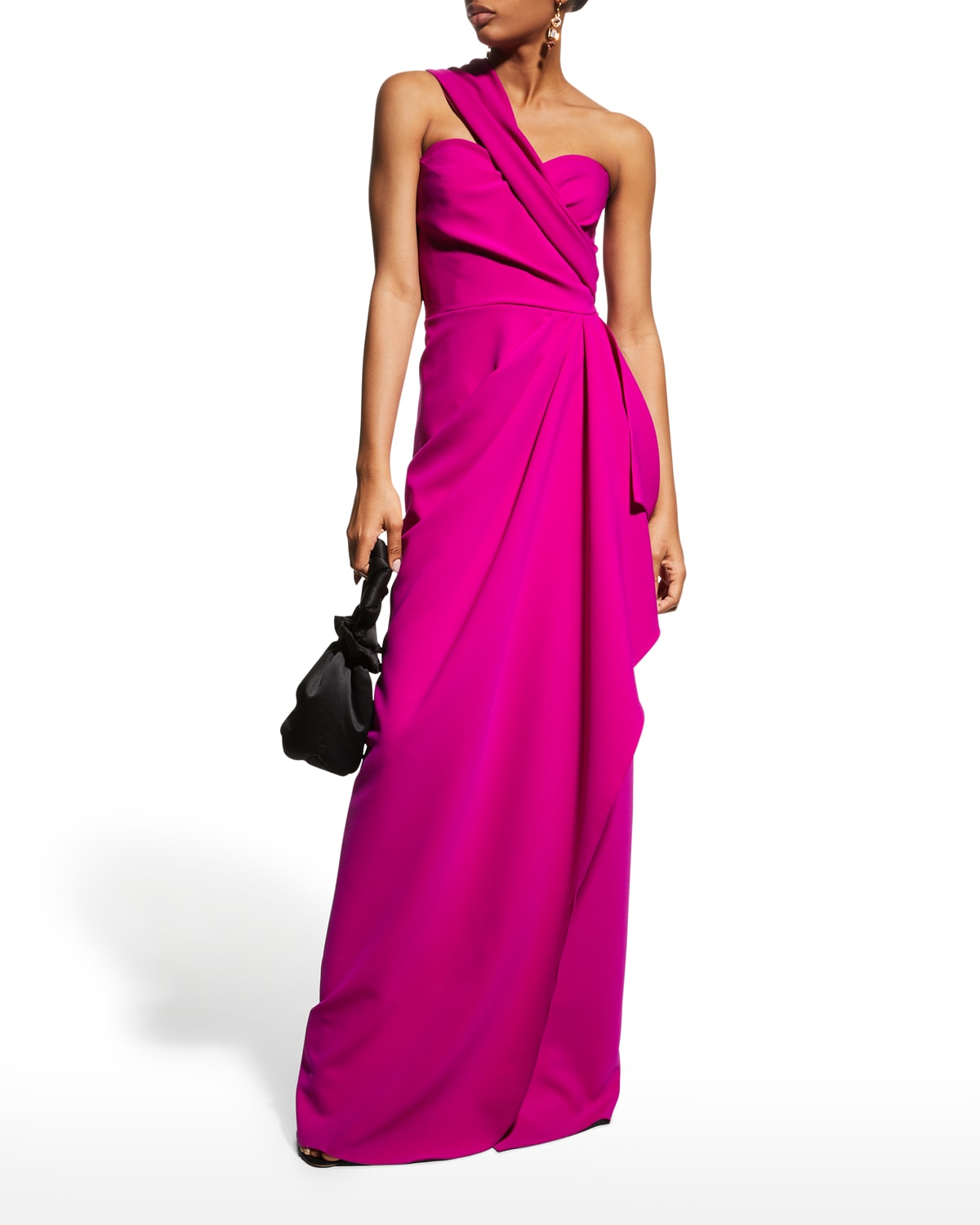 Rickie Freeman For Teri Jon One-shoulder Draped Stretch Crepe Gown In Hot Pink