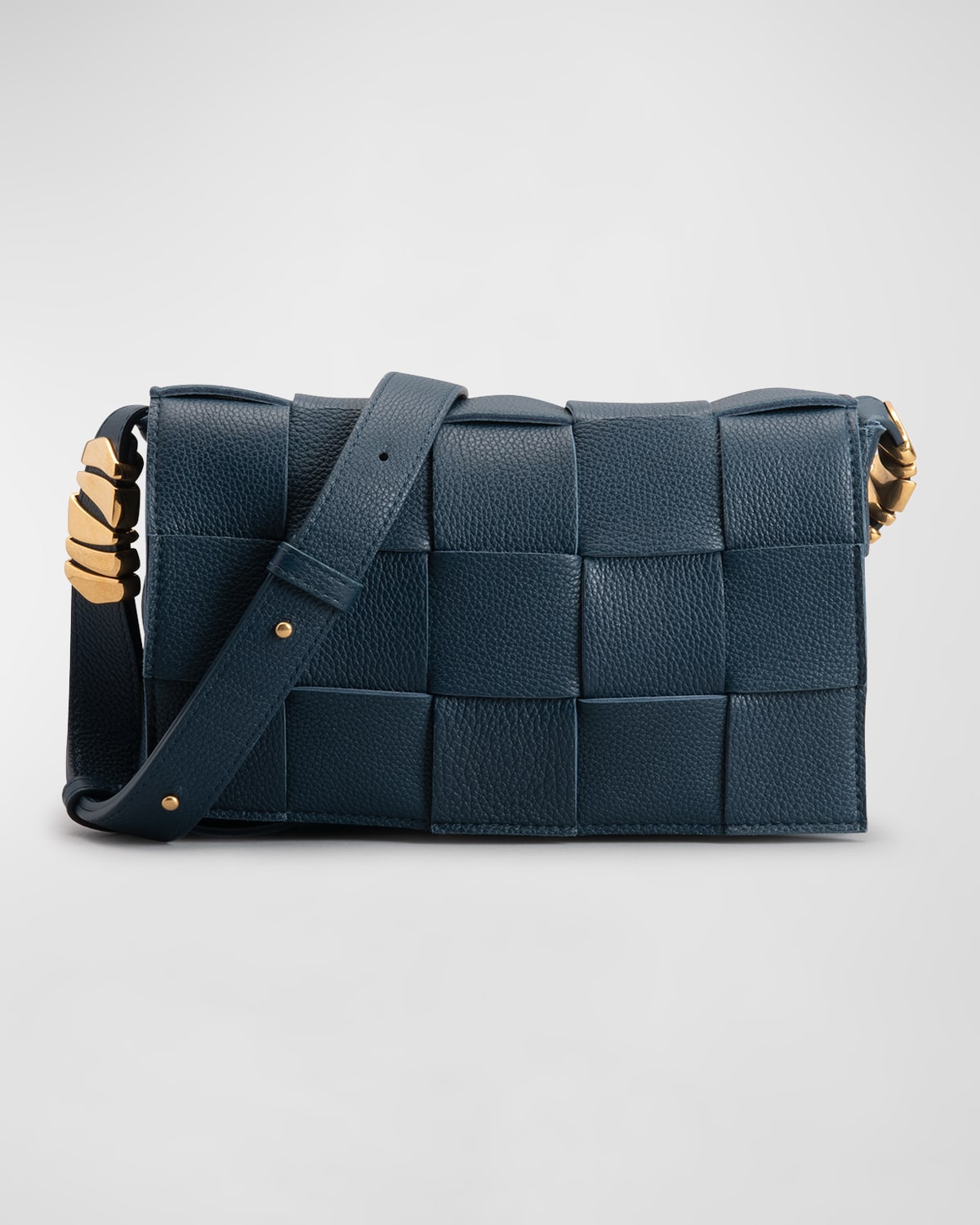 Bottega Veneta Cassette Woven Leather Crossbody Bag In Deep Blue/gold