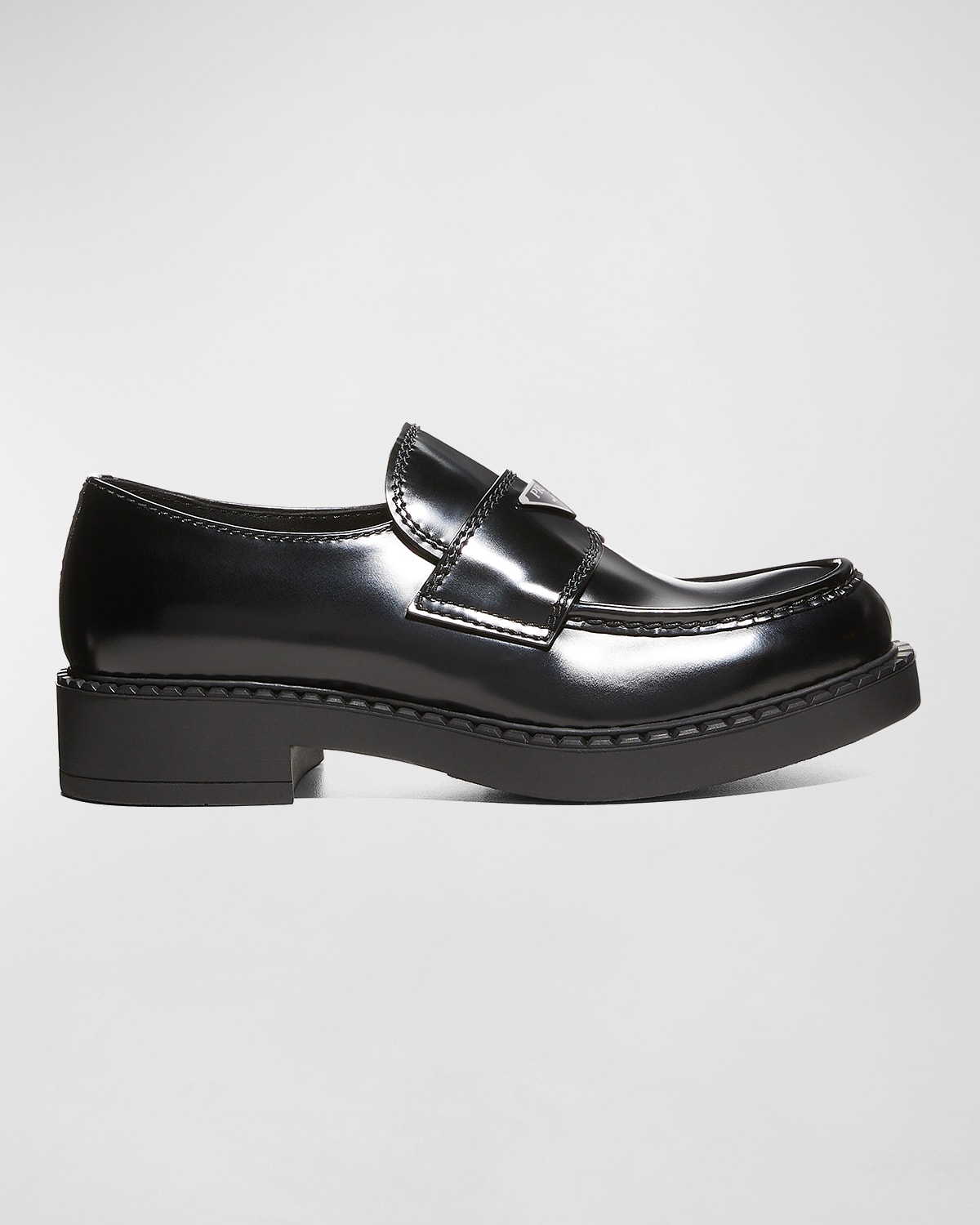 Prada Triangle Logo Chocolate Brushed Leather Loafers In Black
